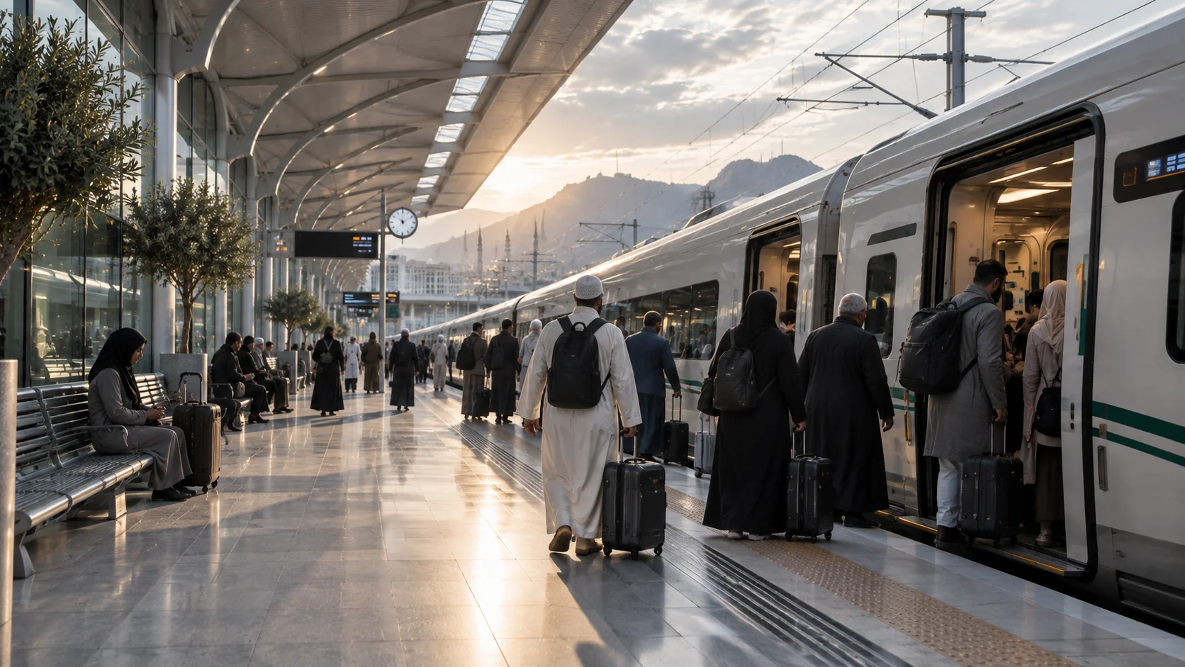 Modern bir yüksek hızlı tren istasyonunun peronunda bekleyen yolcular