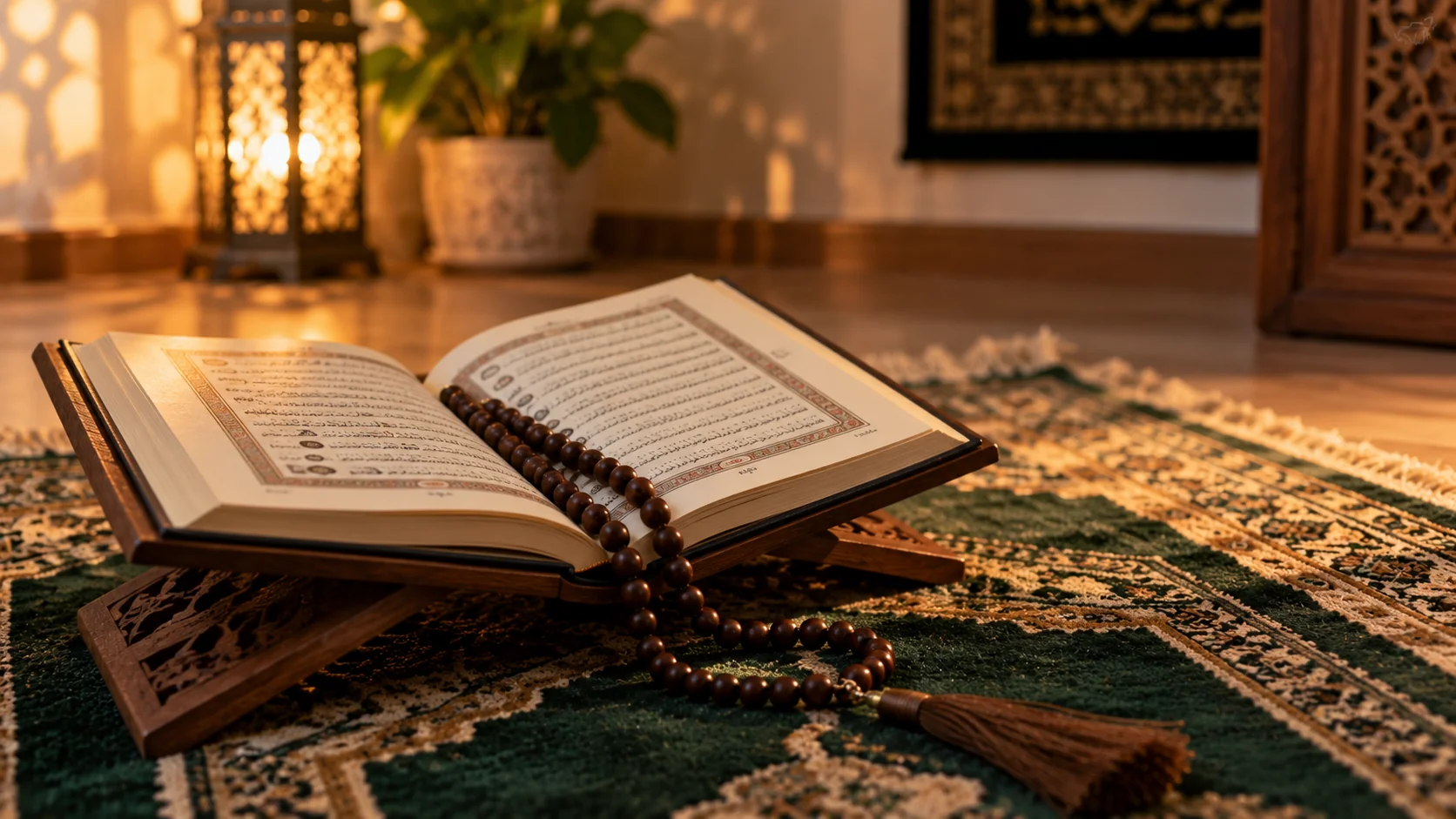 Açık bir dua kitabı ve tespihin seccade üzerindeki yakın planı